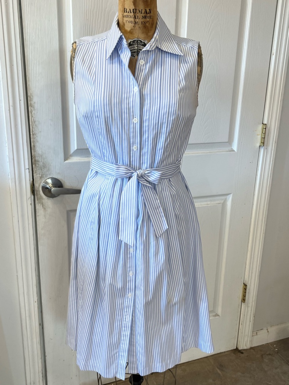 Brooks Brothers Sleeveless Blue Stripe Shirt Dress with Waist Tie 100% Cotton